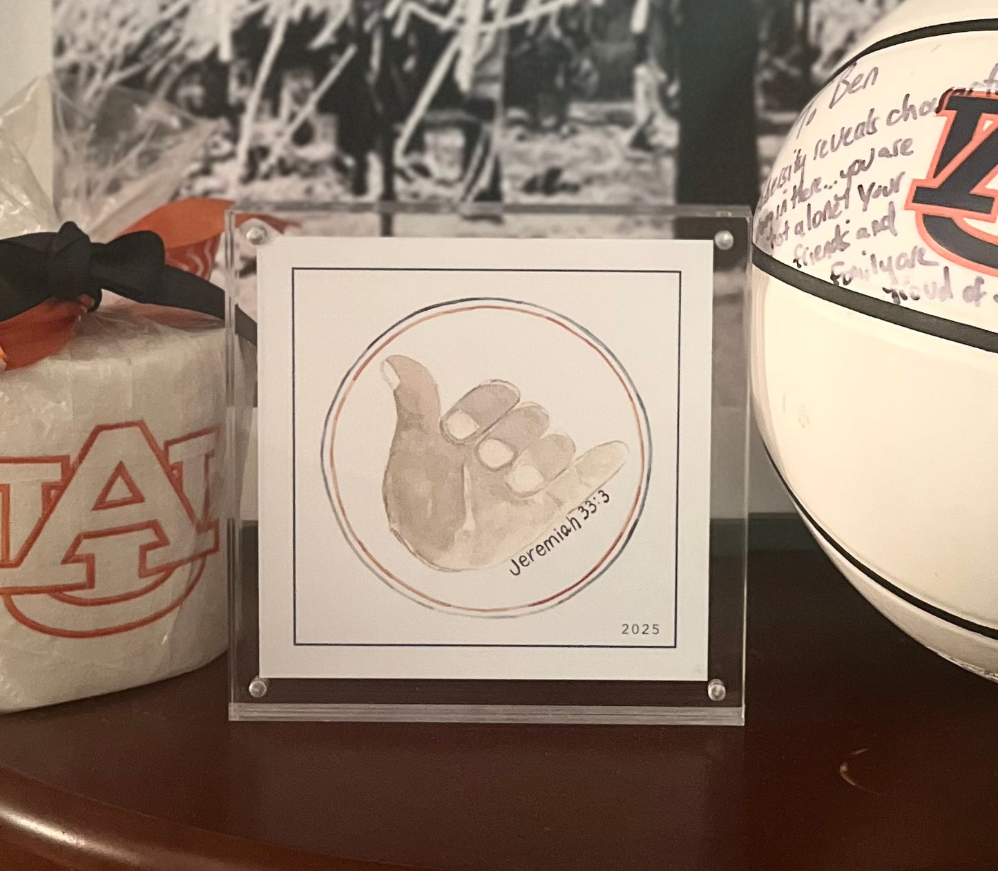 Call God - In Celebration of God's blessing on the Auburn Men's Basketball Team this limited edition print is available. Call God on the front and Jeremiah 33:3 on the back. Displayed in 6 x 6 acrylic frame.