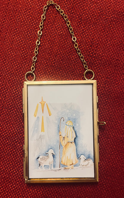 "Shepherds on a Holy Night" Watercolor Ornament in a Floating Frame