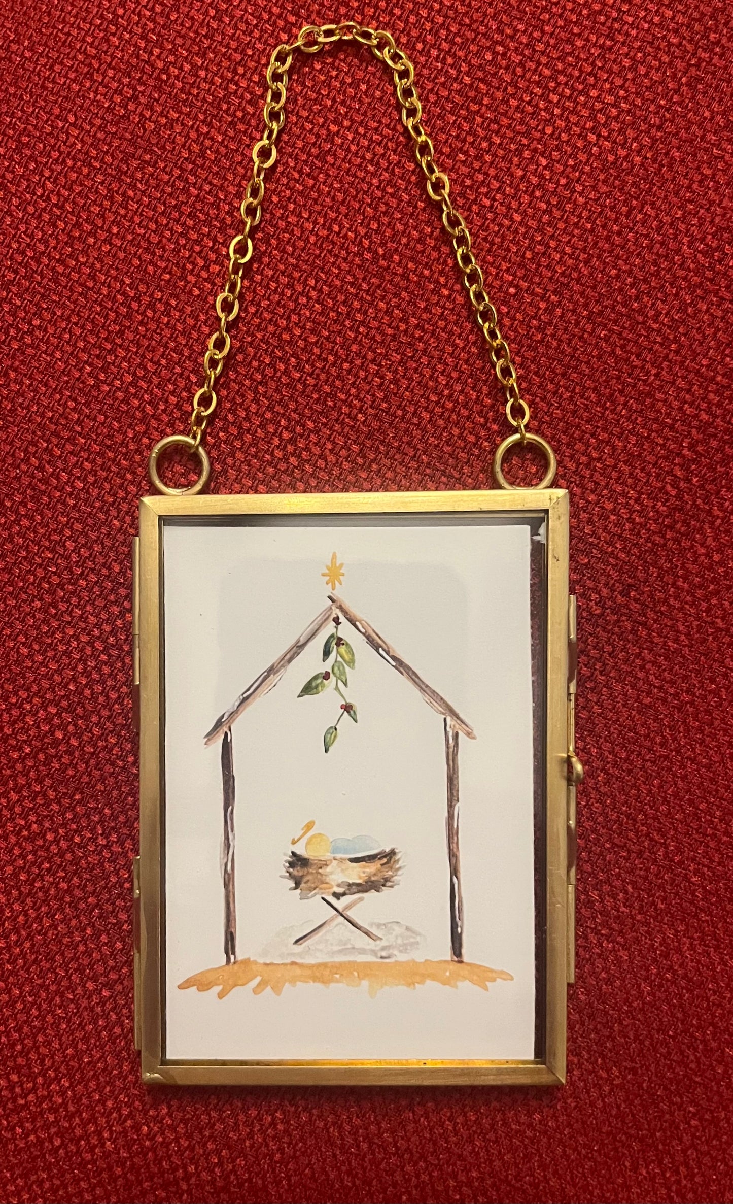 Manger Scene Watercolor Ornament in Floating Frame